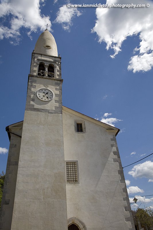 The Bishops hat bell tower of Saint Daniels Church, Stanjel, Karst region, Slovenia