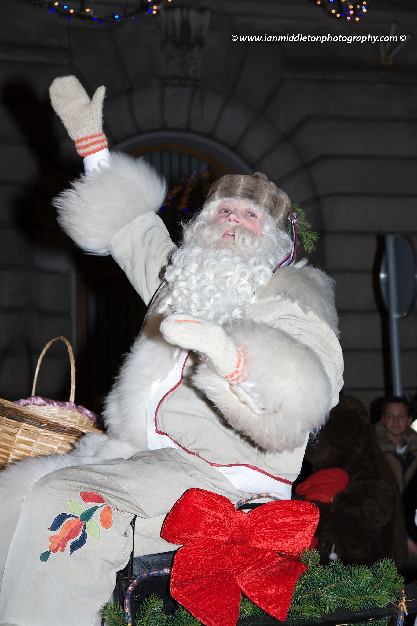 Dedek Mraz procession in Ljubljana, Slovenia. Also known as Grandfather Cold or Grandfather Frost, this tradition was used by the communists as a replacement for the western Santa Claus. The tradition comes from a ancient Russian Legend of Ded Moroz, and he wears a white outfit and Russian Kuchma Hat.