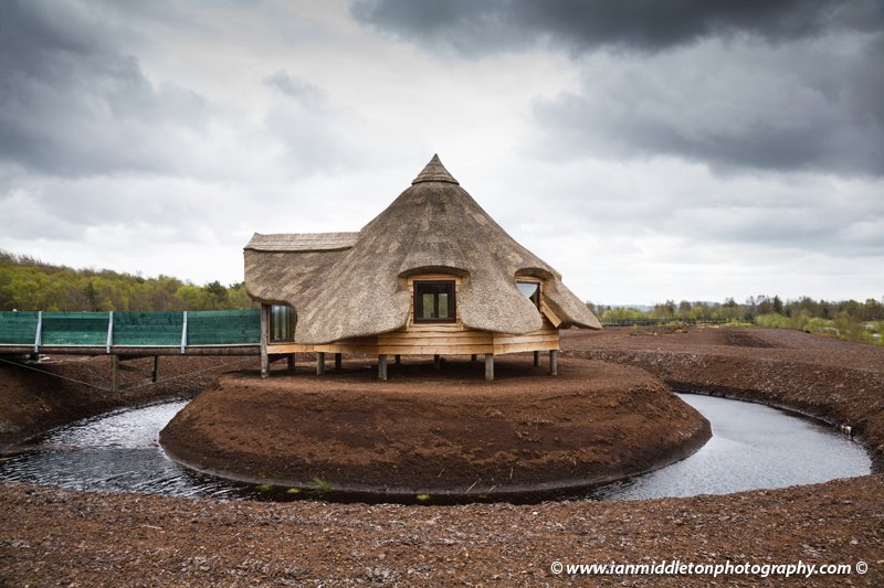 The Science and Nature observation cabin at the Lullymore Heritage Park, Lullymore, County Kildare, Ireland. The park is a great exhibition of the region's biodiversity, peat and boglands and woodlands.
