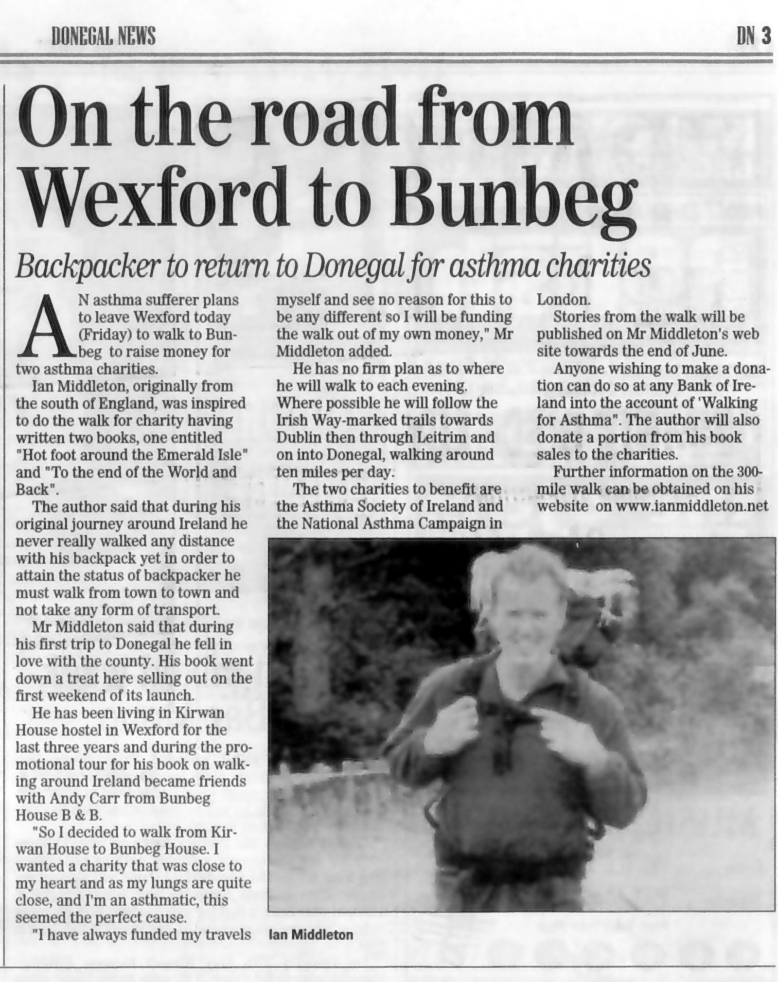 Article in the Donegal News about Ian Middleton's walk across Ireland for charity.