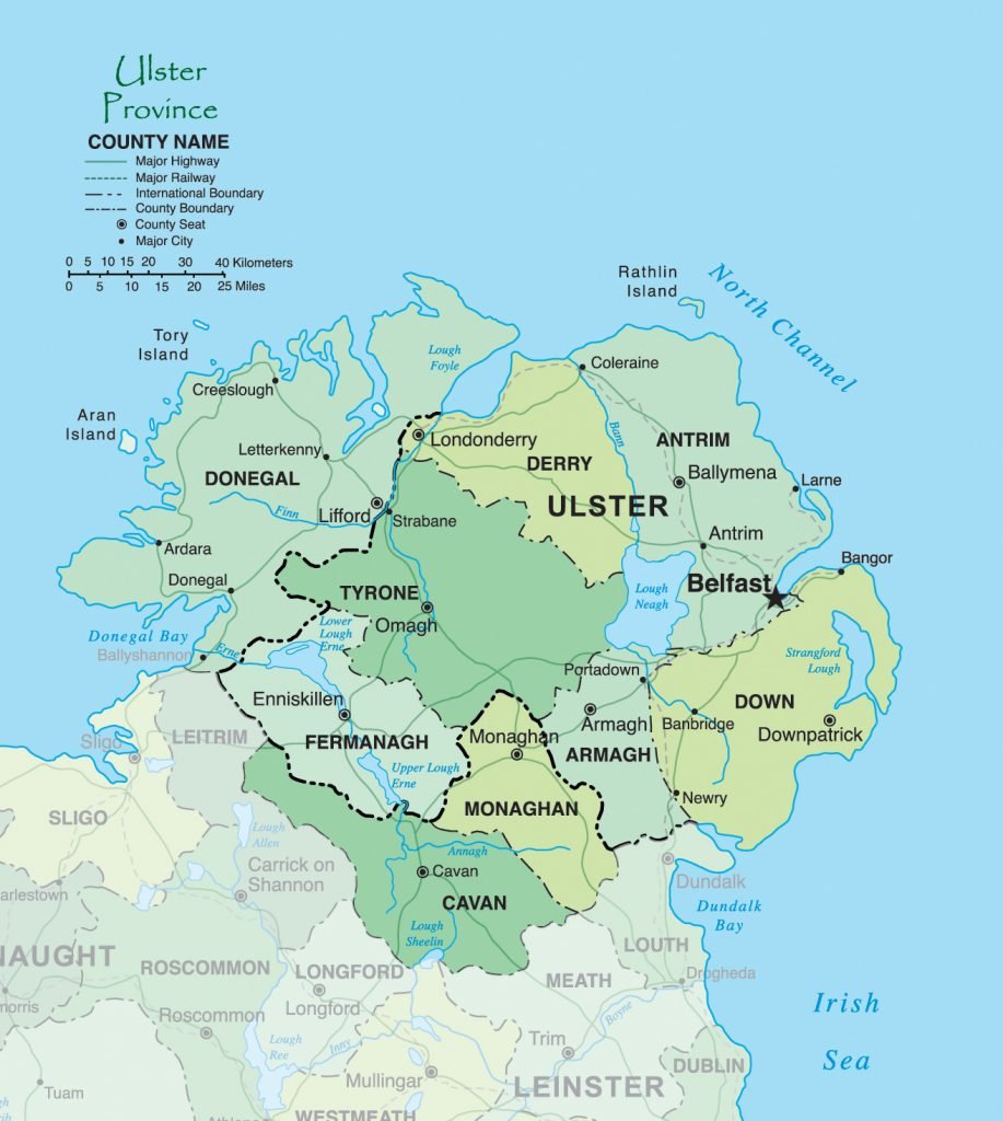 Map of the province of Ulster showing the separation between Northern Ireland the Republic of Ireland. Map taken from my book: Mysterious World Ireland