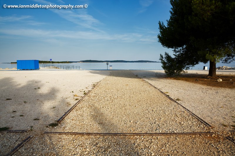 Hydroplane rails at Puntižela Beach, Štinjan north of Pula. In 1915 a naval hydroplane base was set up here in the Fažana Channel. Today it's a busy beach resort with a beautiful view of the Brijuni Islands.