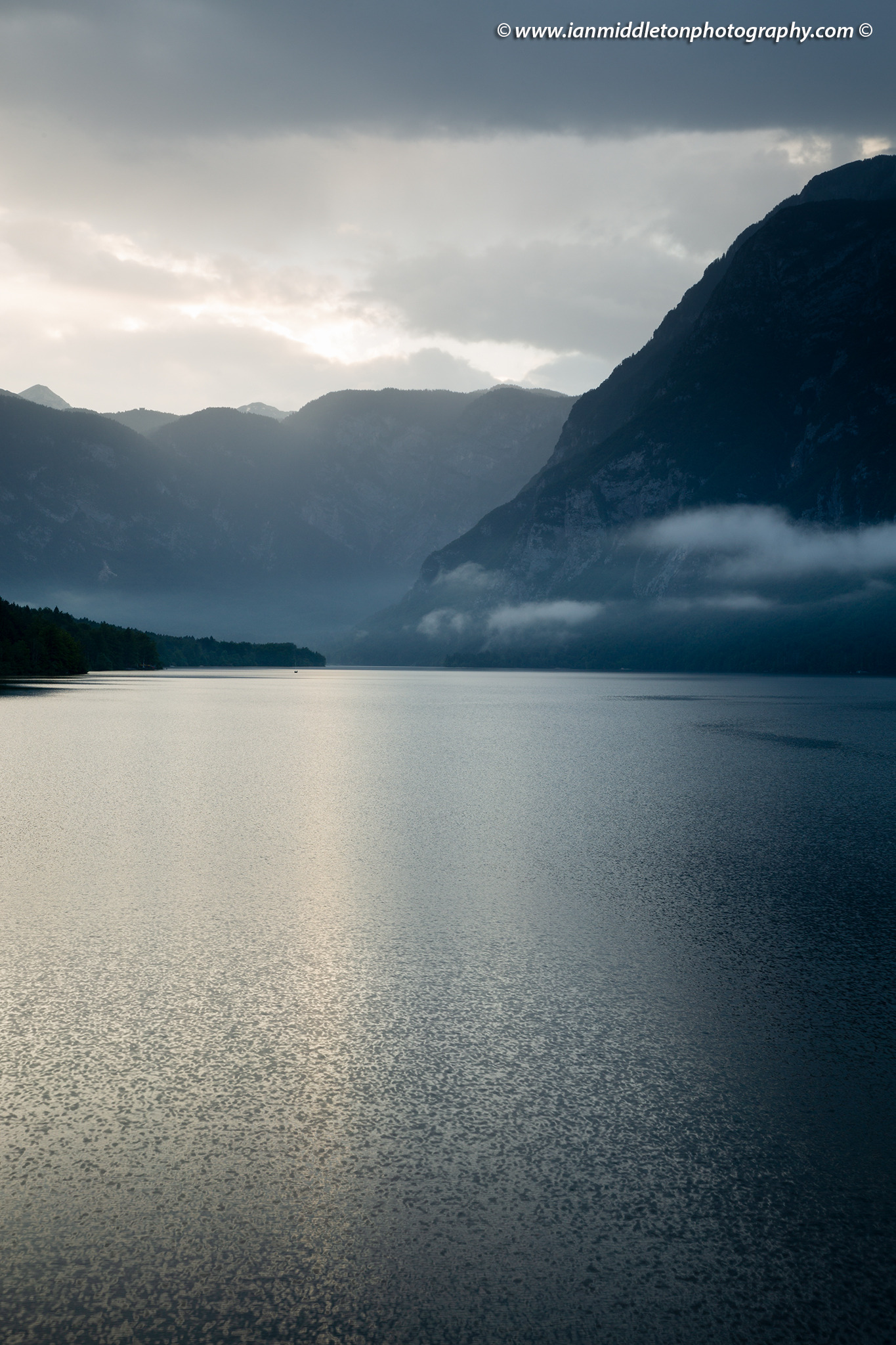 Rain over Lake Bohinj, Triglav National Park, Slovenia.