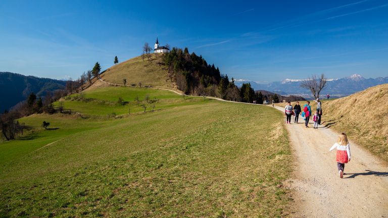 The church of Saint Jacob (Sveti Jakob) near Medvode, Slovenia. Situated on a hilltop in the Polhov Gradec Hill Range. This is also a popular hiking spot for locals.