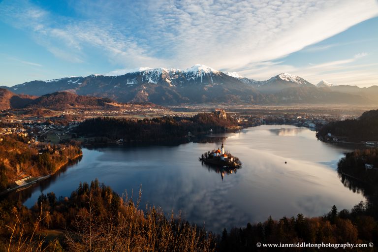 Lake Bled to the island church and clifftop castle from Mala Osojnica, Slovenia.