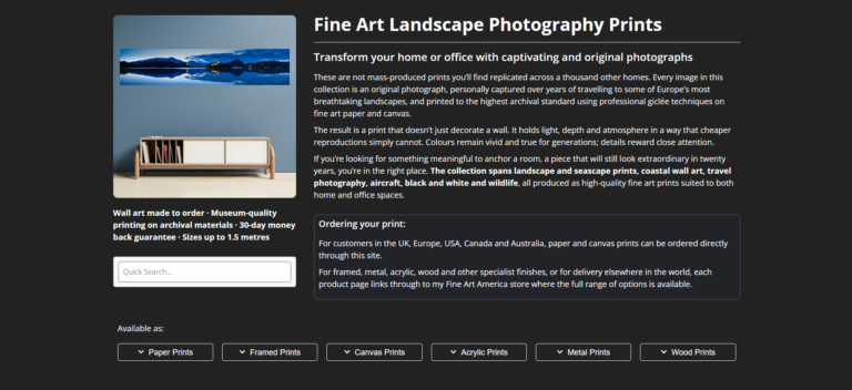 Example of a print shop webpage